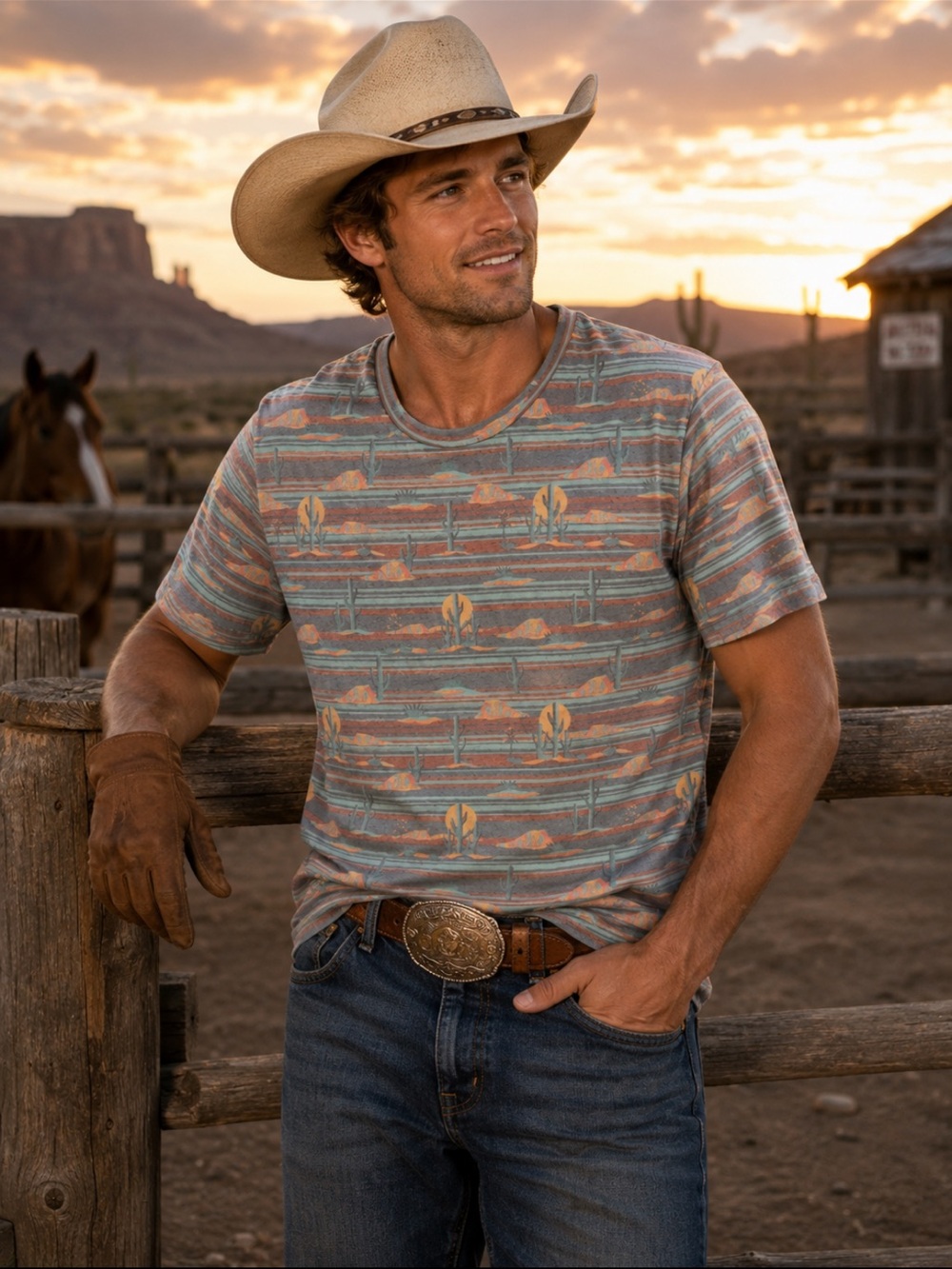Desert Stripe Graphic Tee - Light Blue & Coral - (Unbranded)